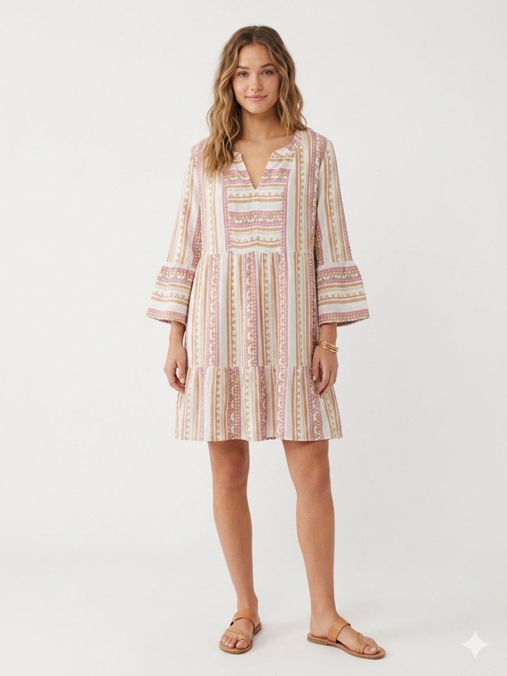 Style & Co. Boho Stripe Tiered Split Neck Dress in Cream & Blush XL